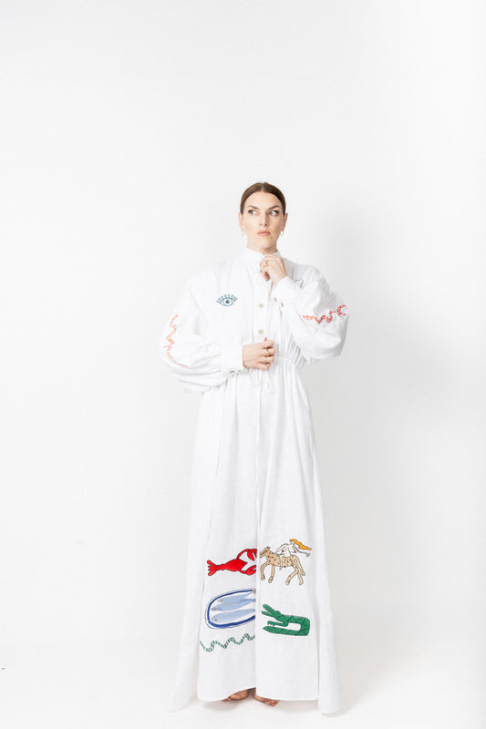 White high neck buttoned embroidered gown