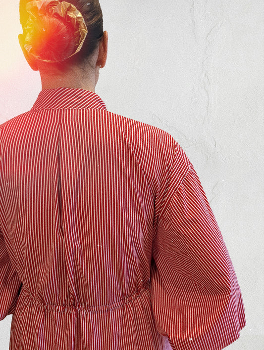 High neck buttoned stripe gown