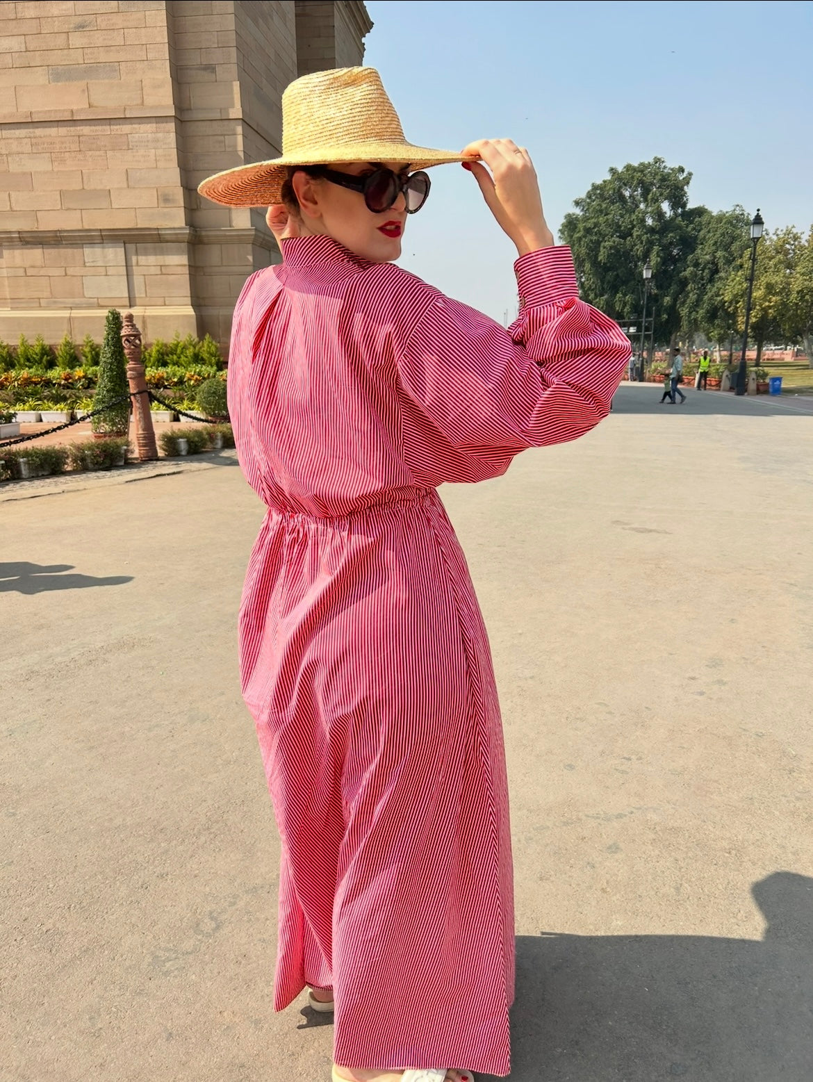 High neck buttoned stripe gown