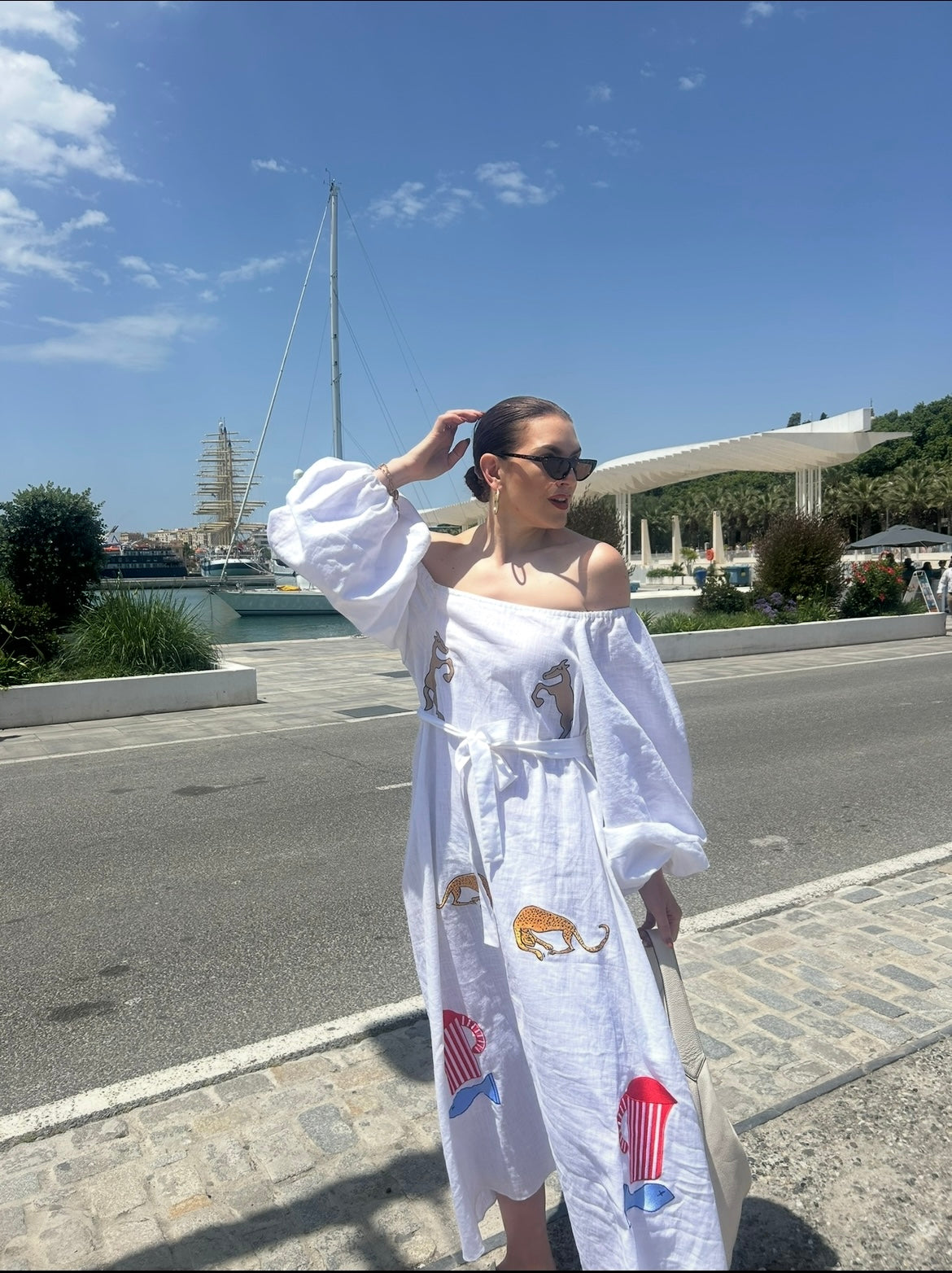 White embroidered off the shoulder dress