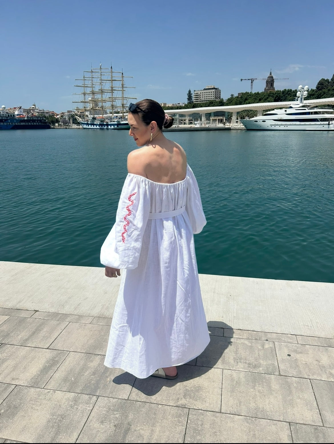 White embroidered off the shoulder dress