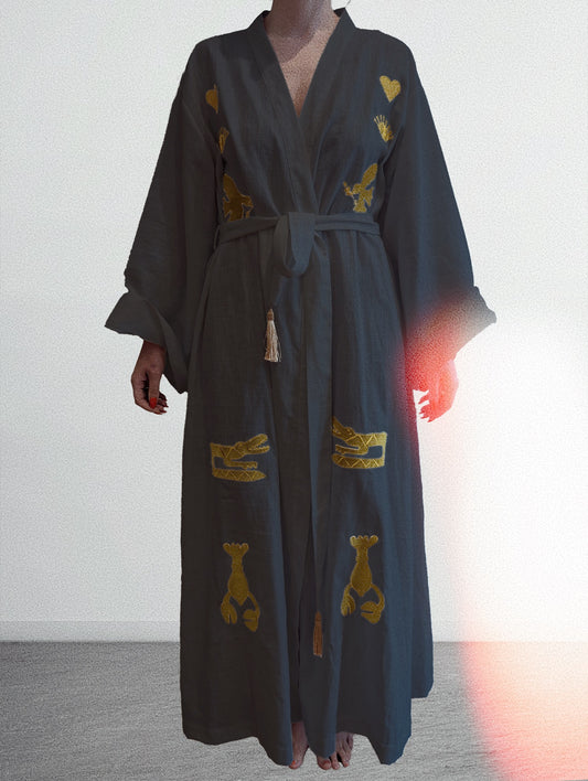 Black embroidered gold wrap gown