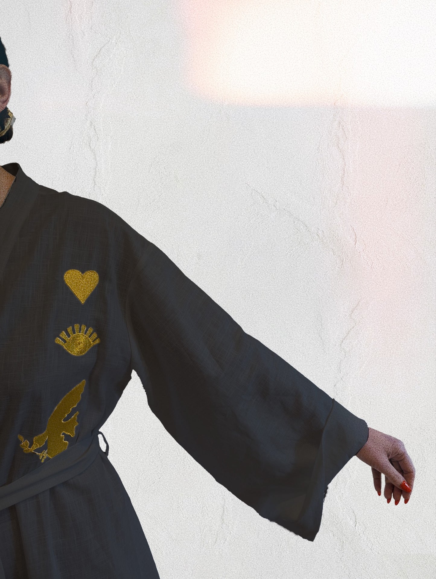 Black embroidered gold wrap gown