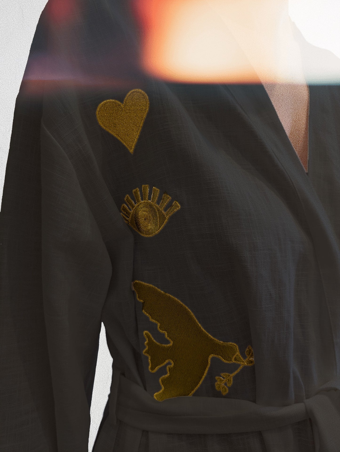 Black embroidered gold wrap gown