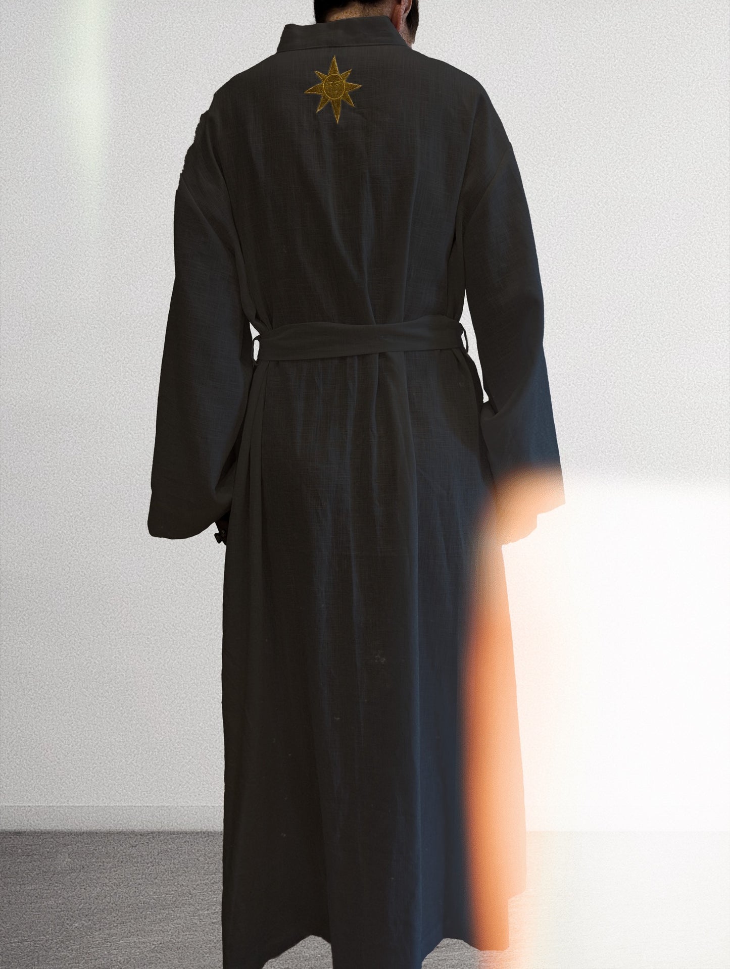 Black embroidered gold wrap gown