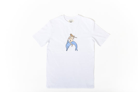 Lady Riding a Dolphin embroidered white t-shirt