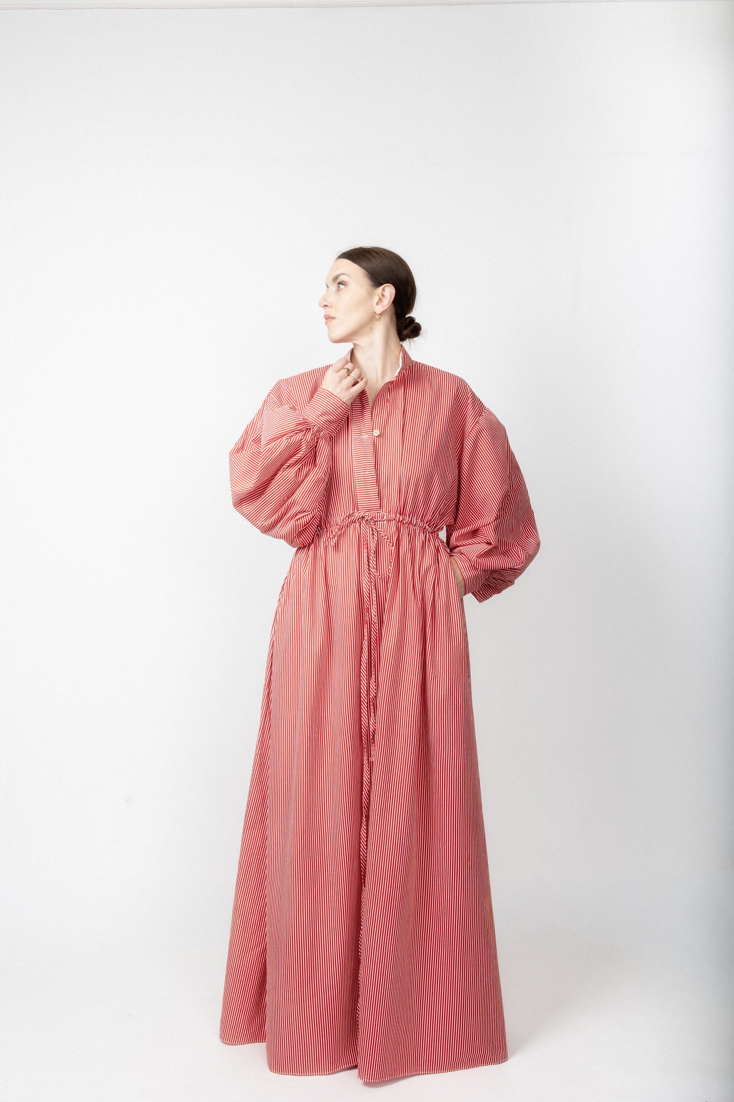 High neck buttoned stripe gown