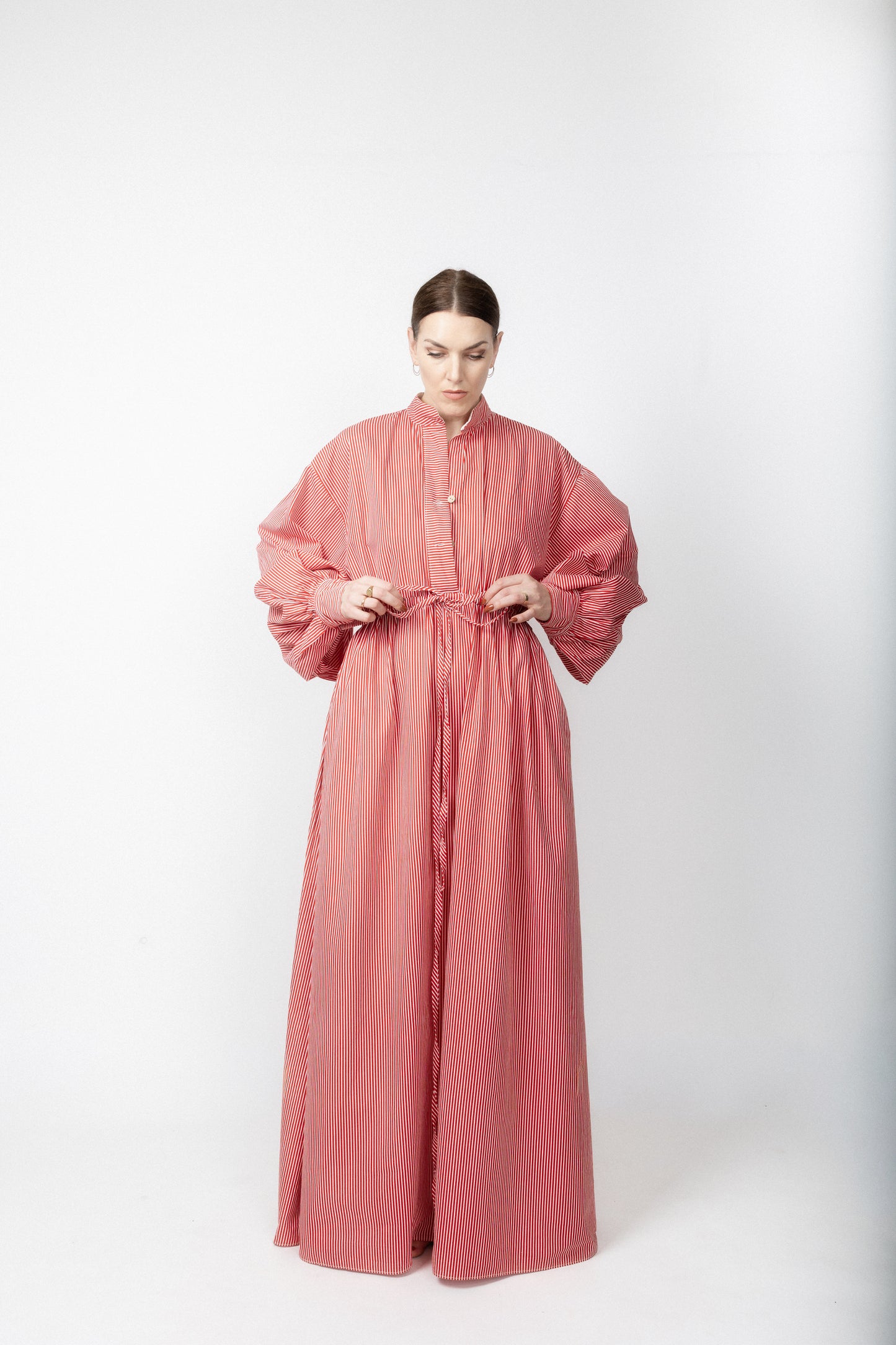 High neck buttoned stripe gown