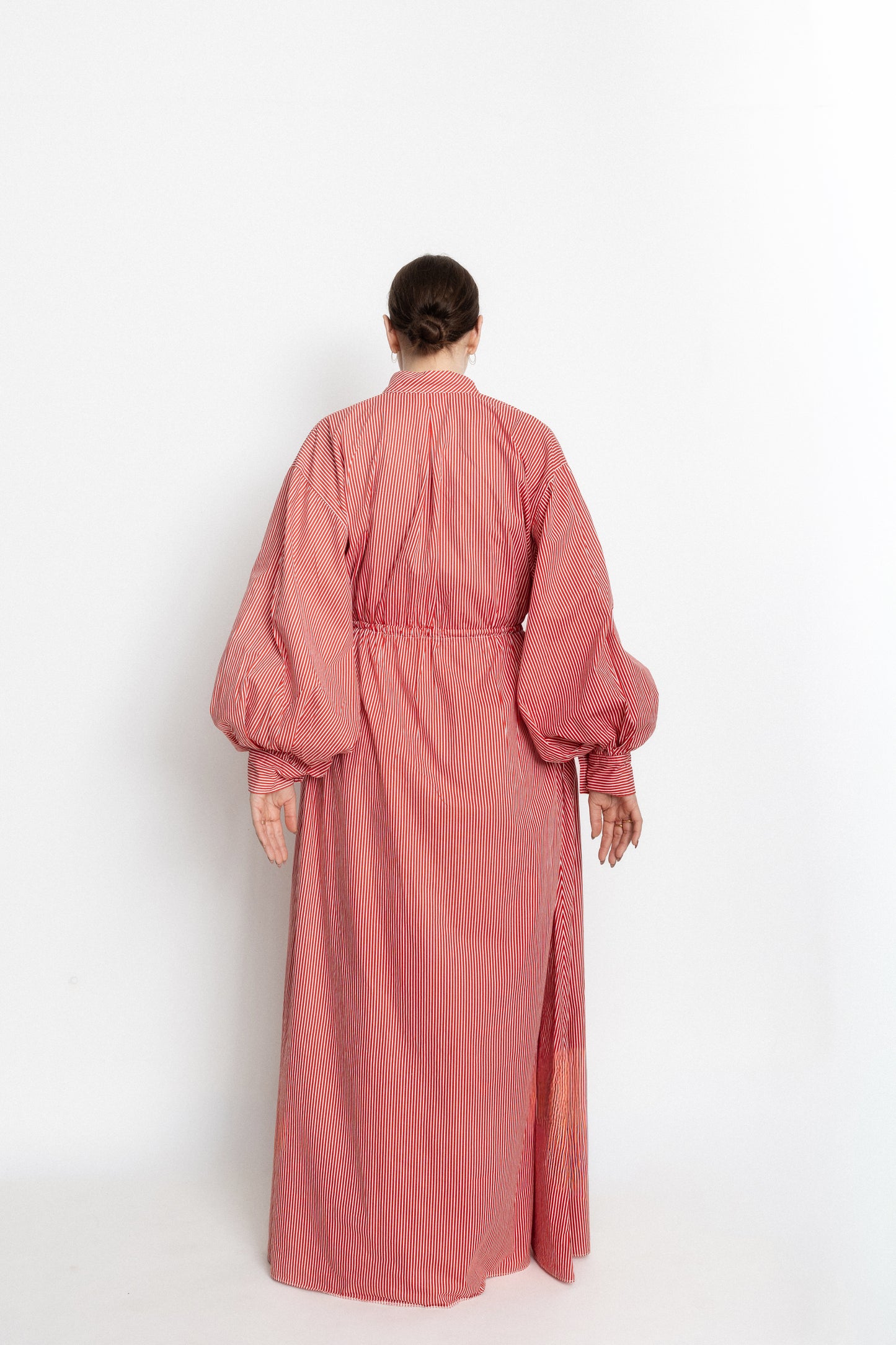 High neck buttoned stripe gown