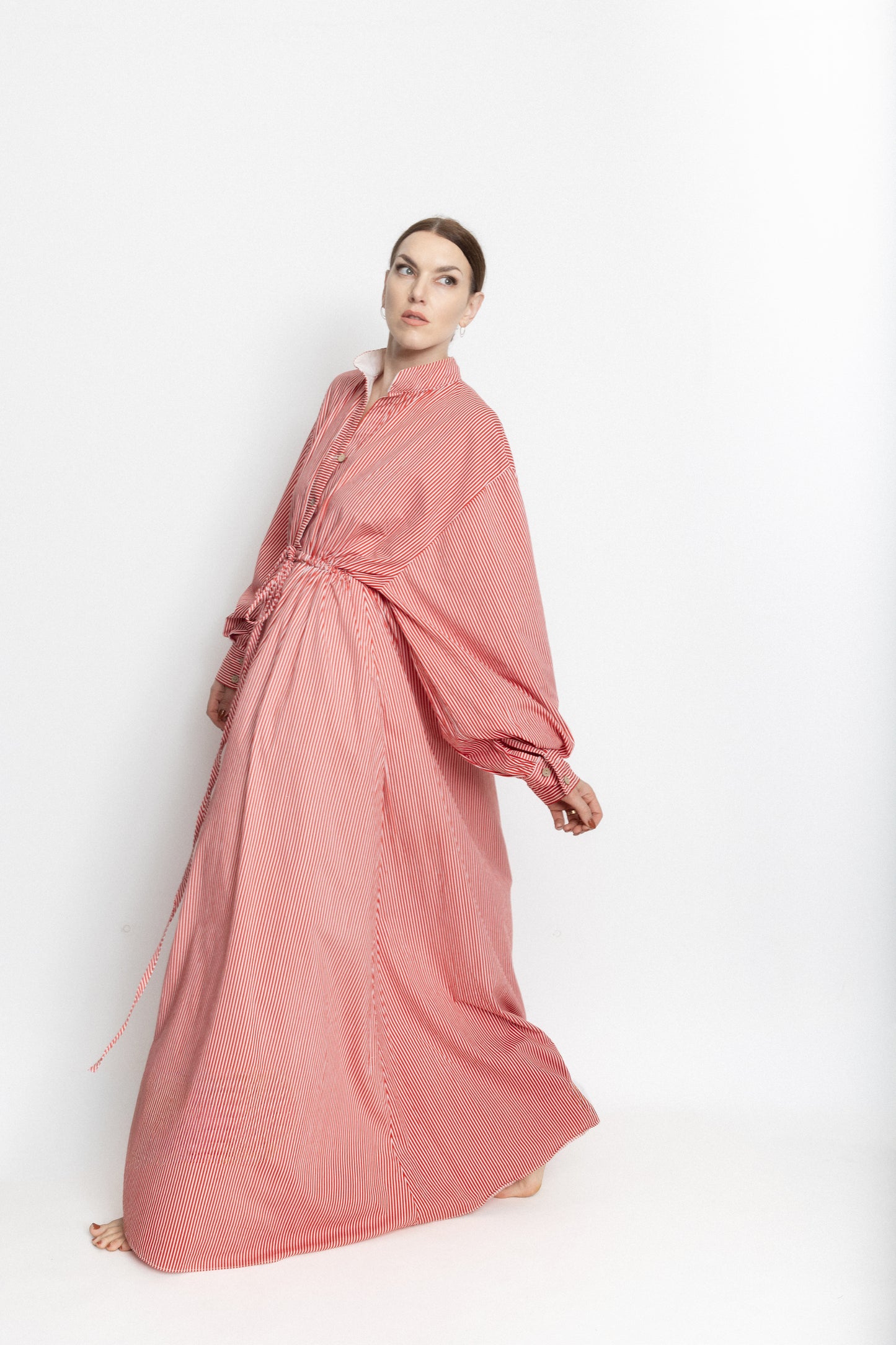 High neck buttoned stripe gown