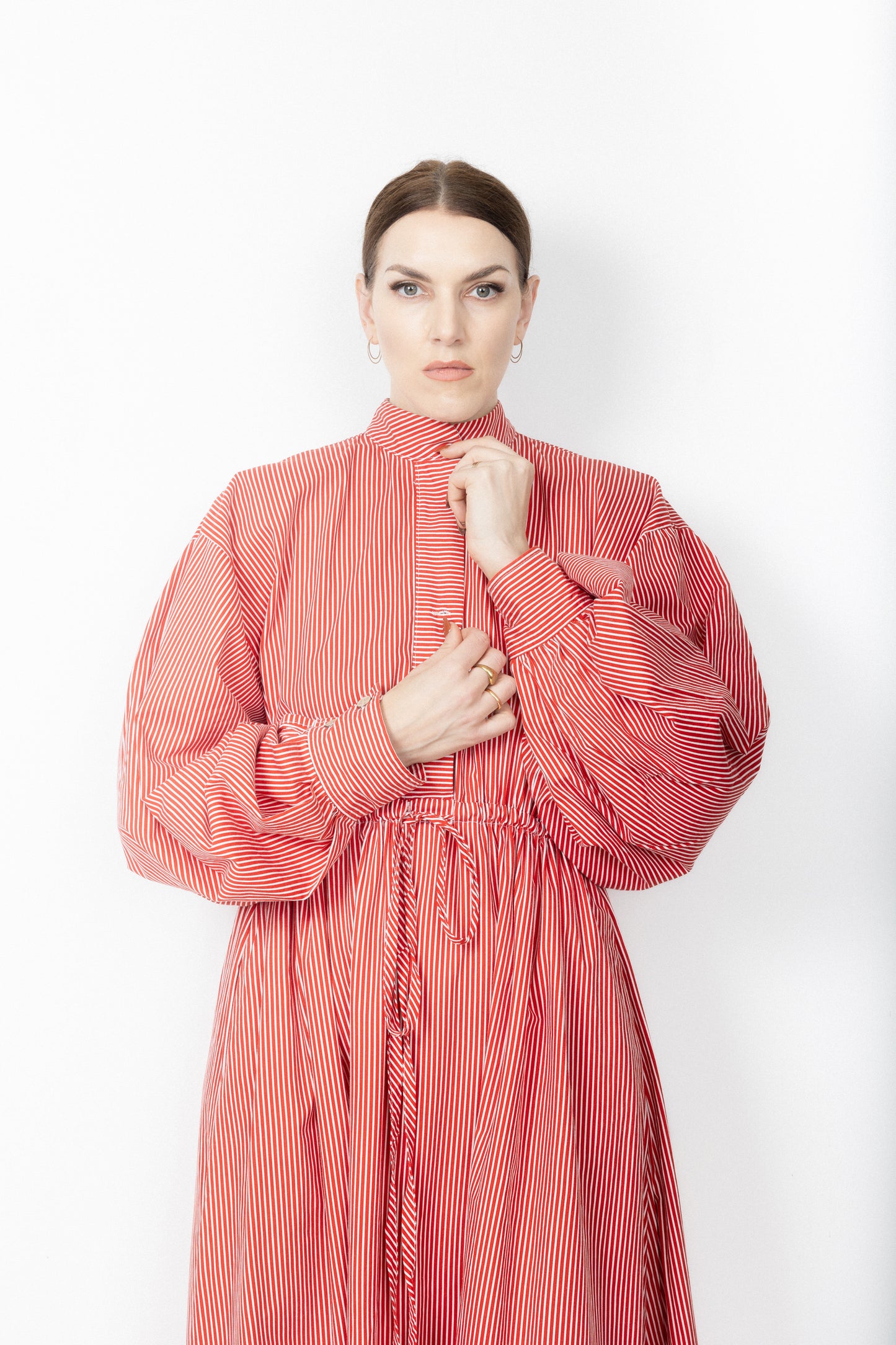 High neck buttoned stripe gown