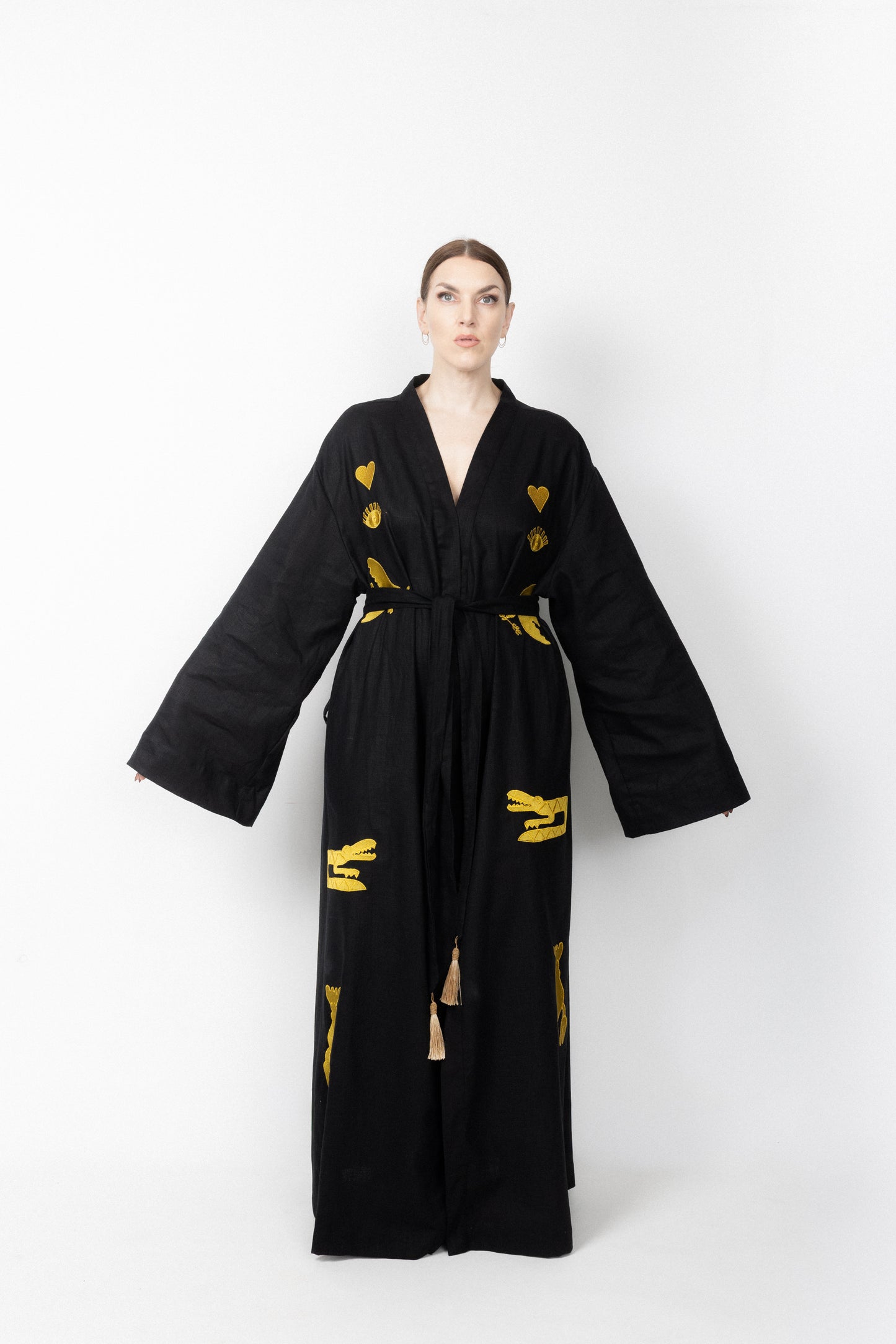 Black embroidered gold wrap gown