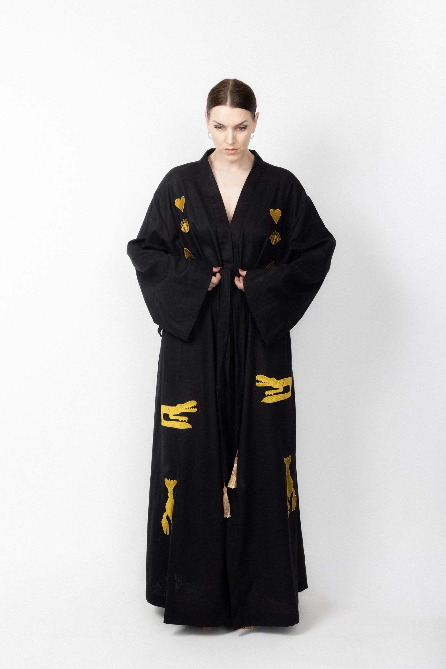 Black embroidered gold wrap gown