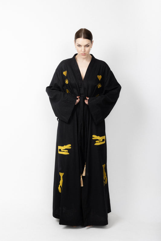 Black embroidered gold wrap gown