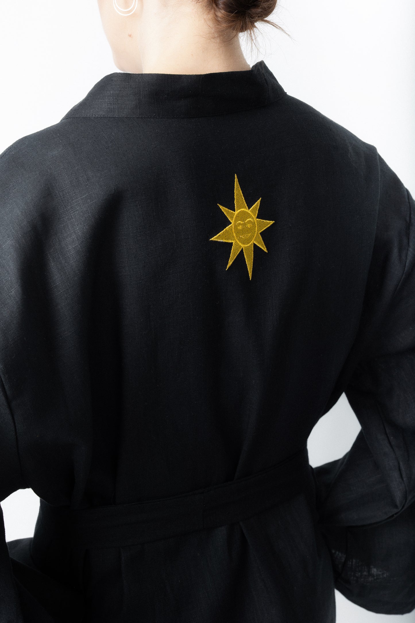 Black embroidered gold wrap gown