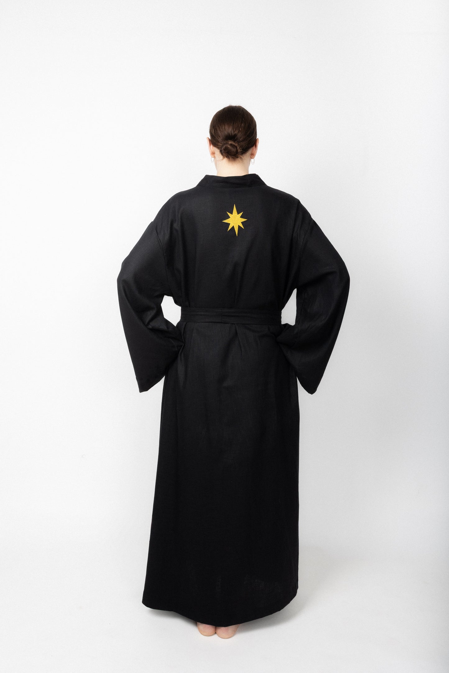 Black embroidered gold wrap gown