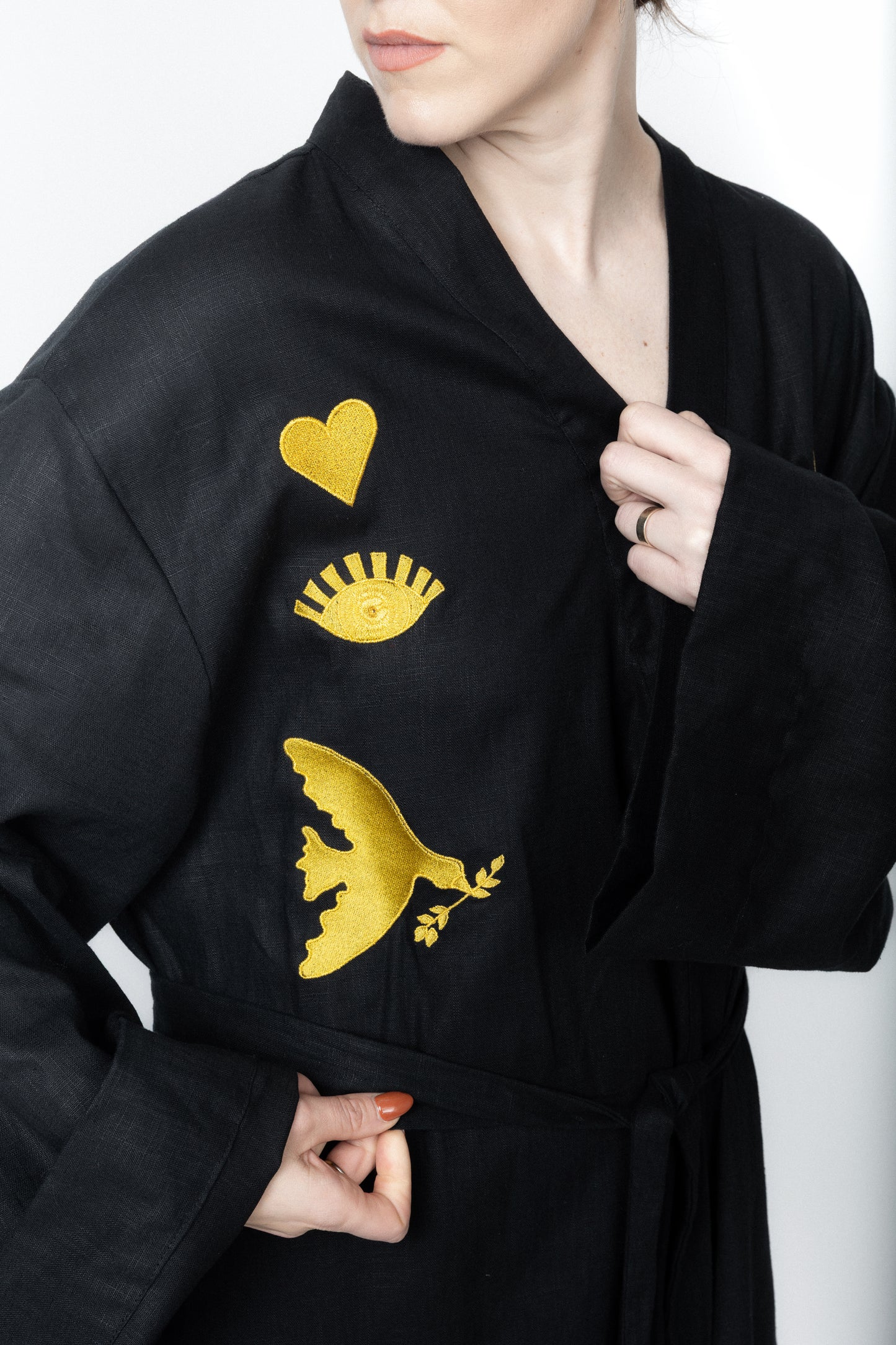 Black embroidered gold wrap gown