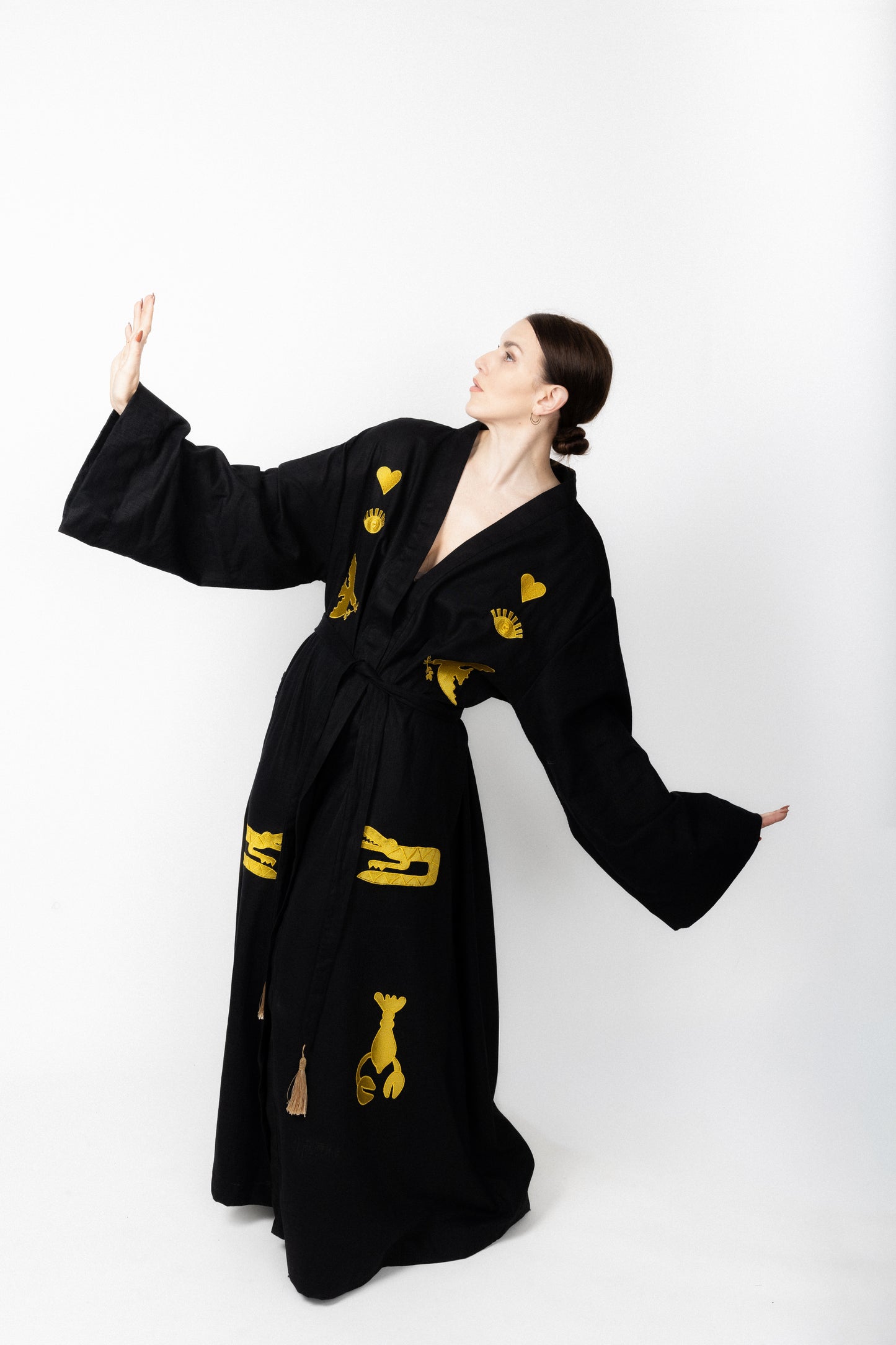 Black embroidered gold wrap gown