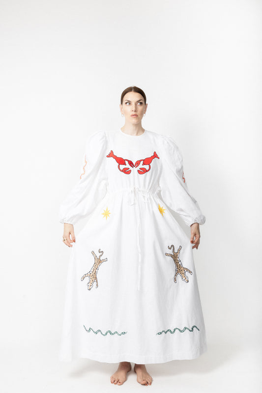 White embroidered round neck dress