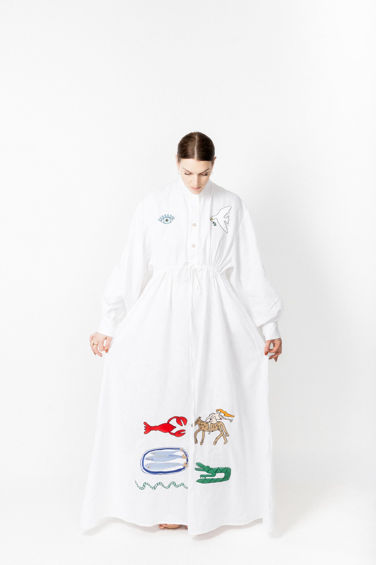 White high neck buttoned embroidered gown