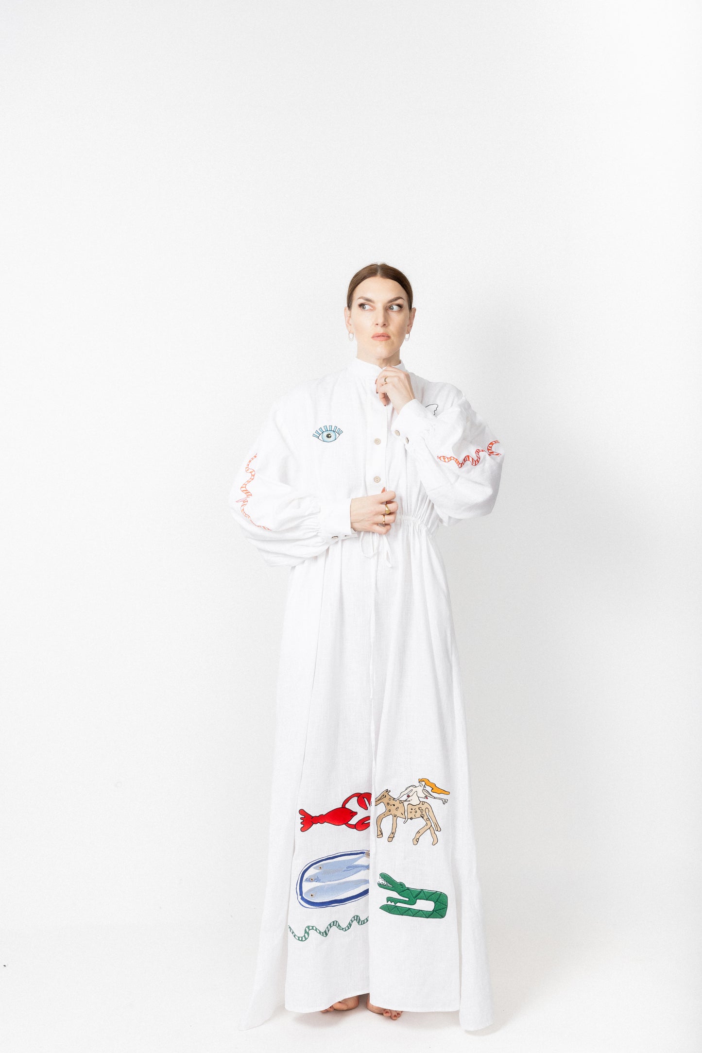 White high neck buttoned embroidered gown