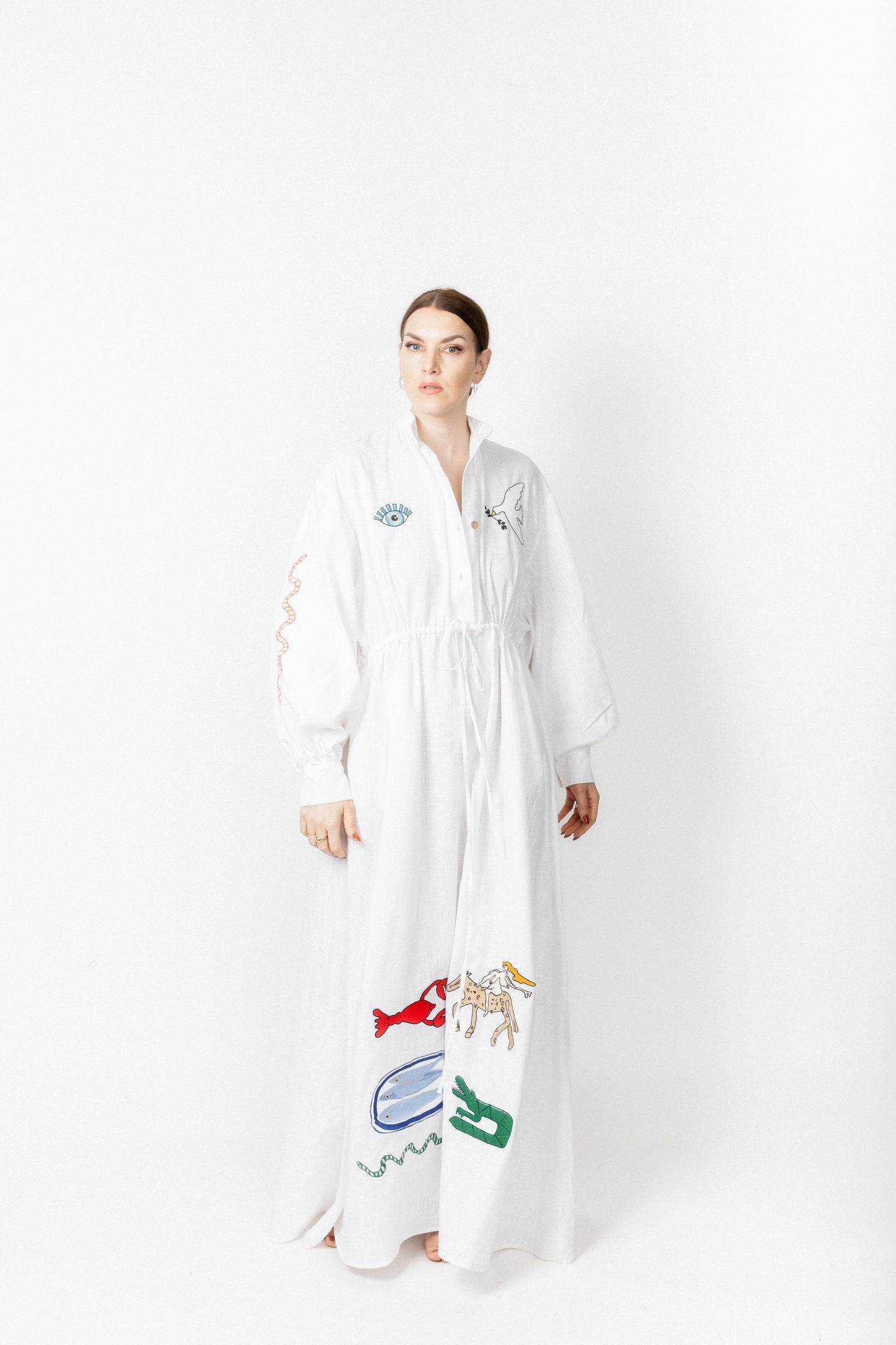 White high neck buttoned embroidered gown