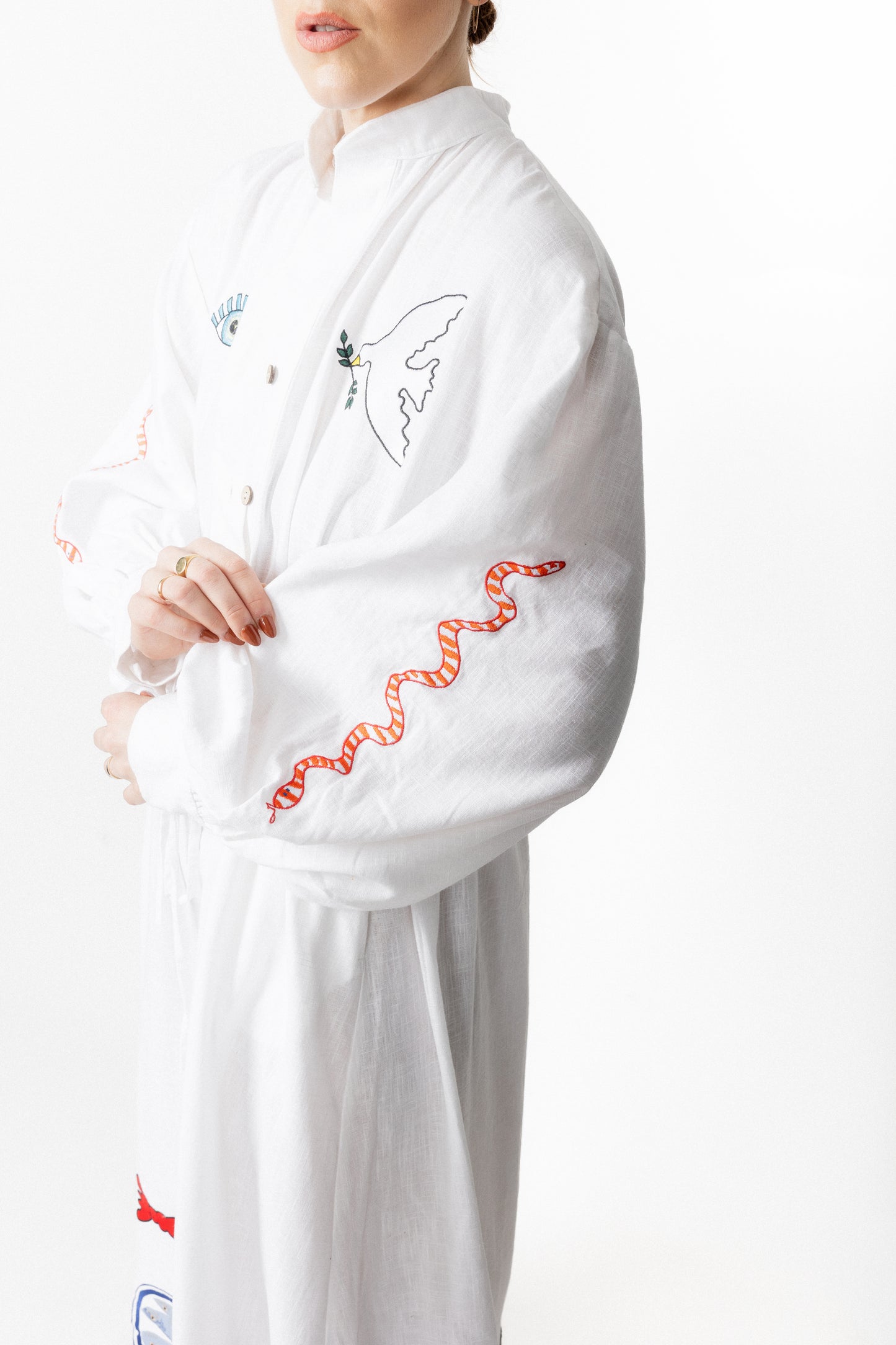 White high neck buttoned embroidered gown