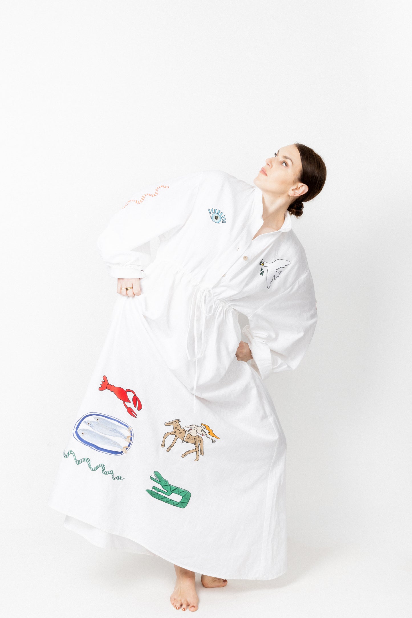 White high neck buttoned embroidered gown