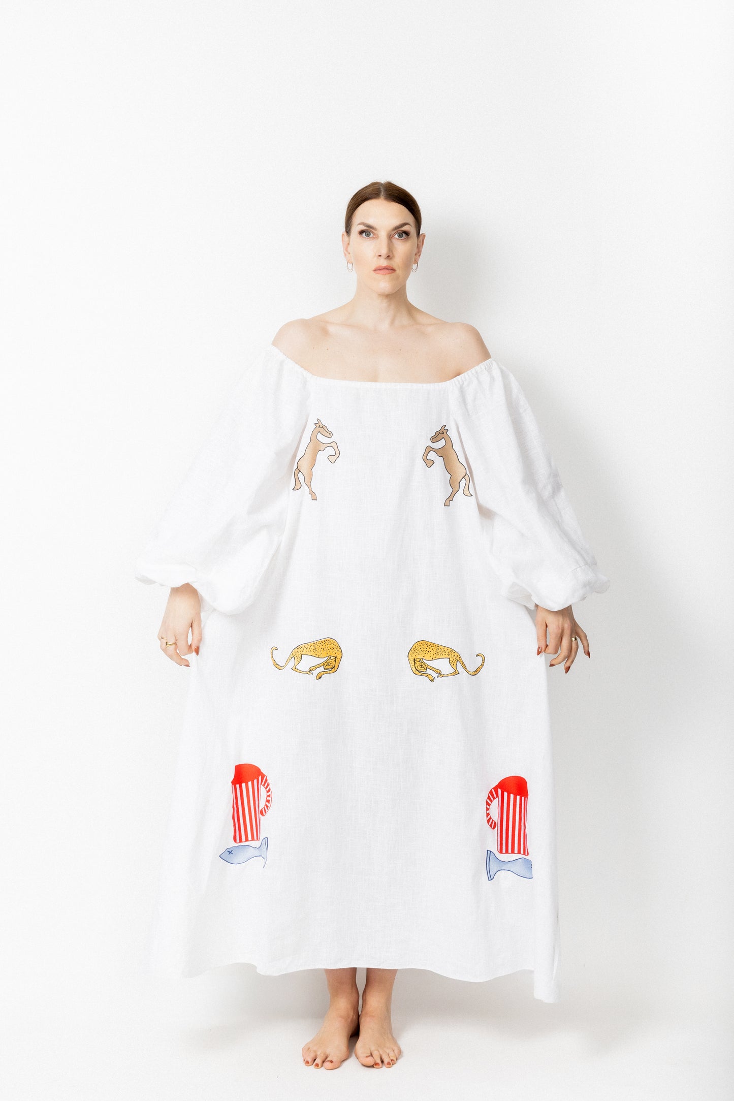 White embroidered off the shoulder dress