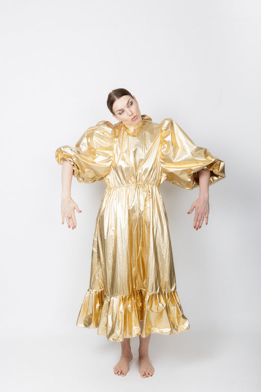 Gold Balloon Sleeve Party Dress