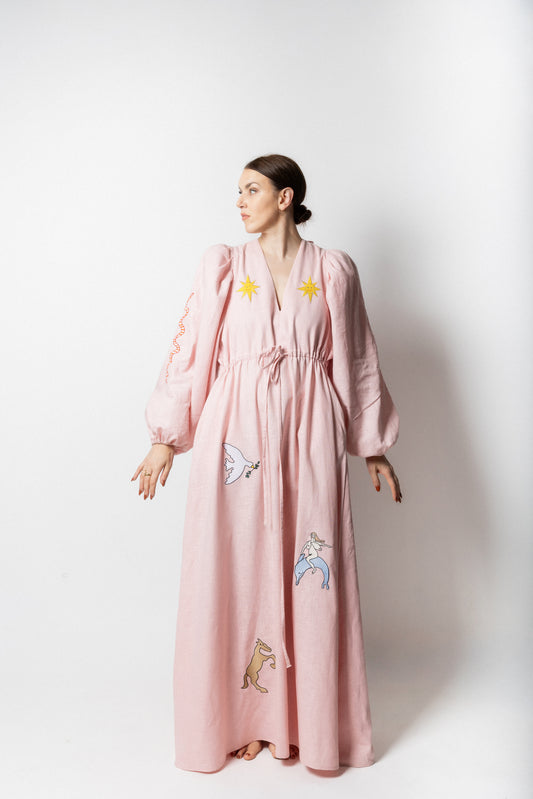 Blush pink embroidered v-neck dress