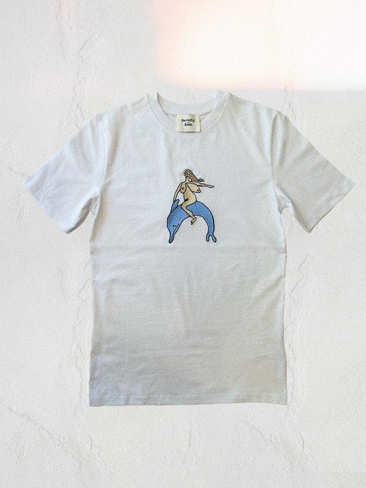 Lady Riding a Dolphin embroidered white t-shirt