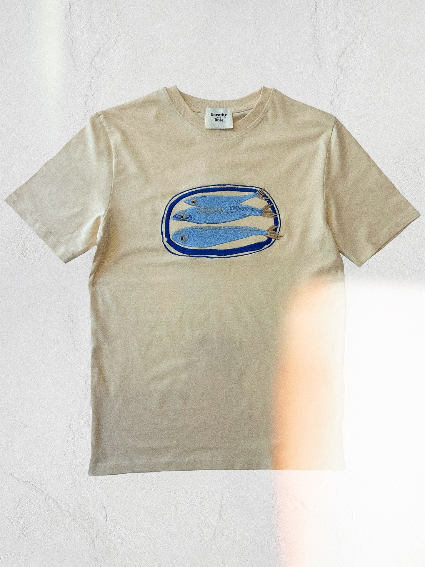 Sardines on a plate embroidered natural t-shirt