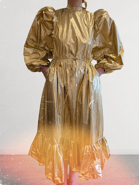 Gold Balloon Sleeve Party Dress