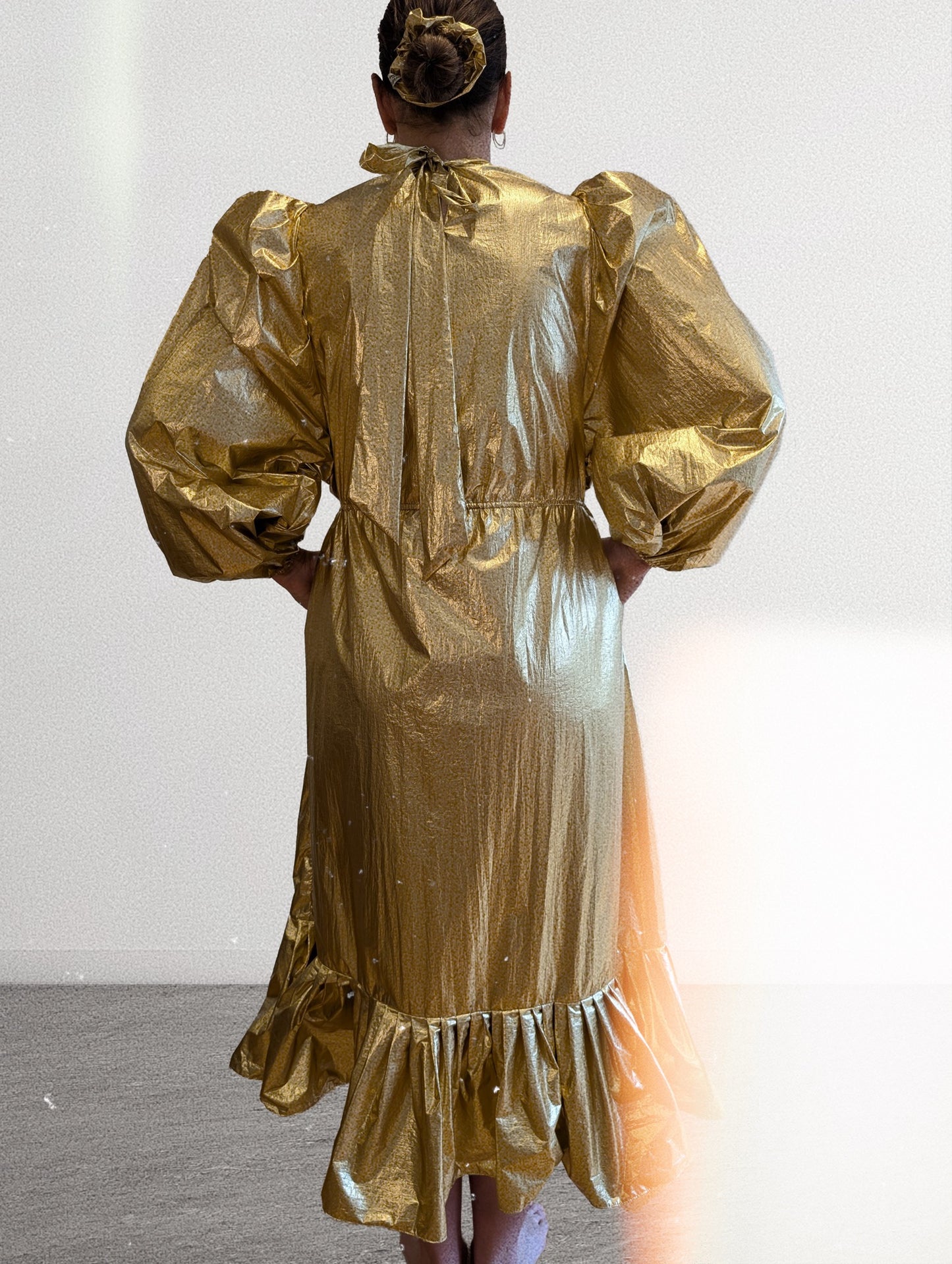 Gold Balloon Sleeve Party Dress