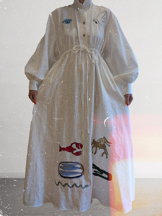 White high neck buttoned embroidered gown