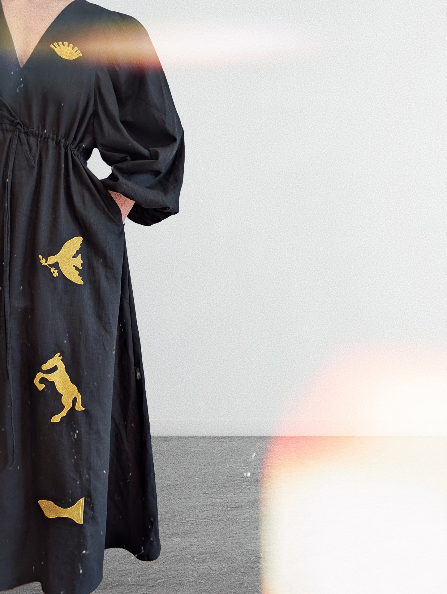 Black and gold embroidered v-neck dress
