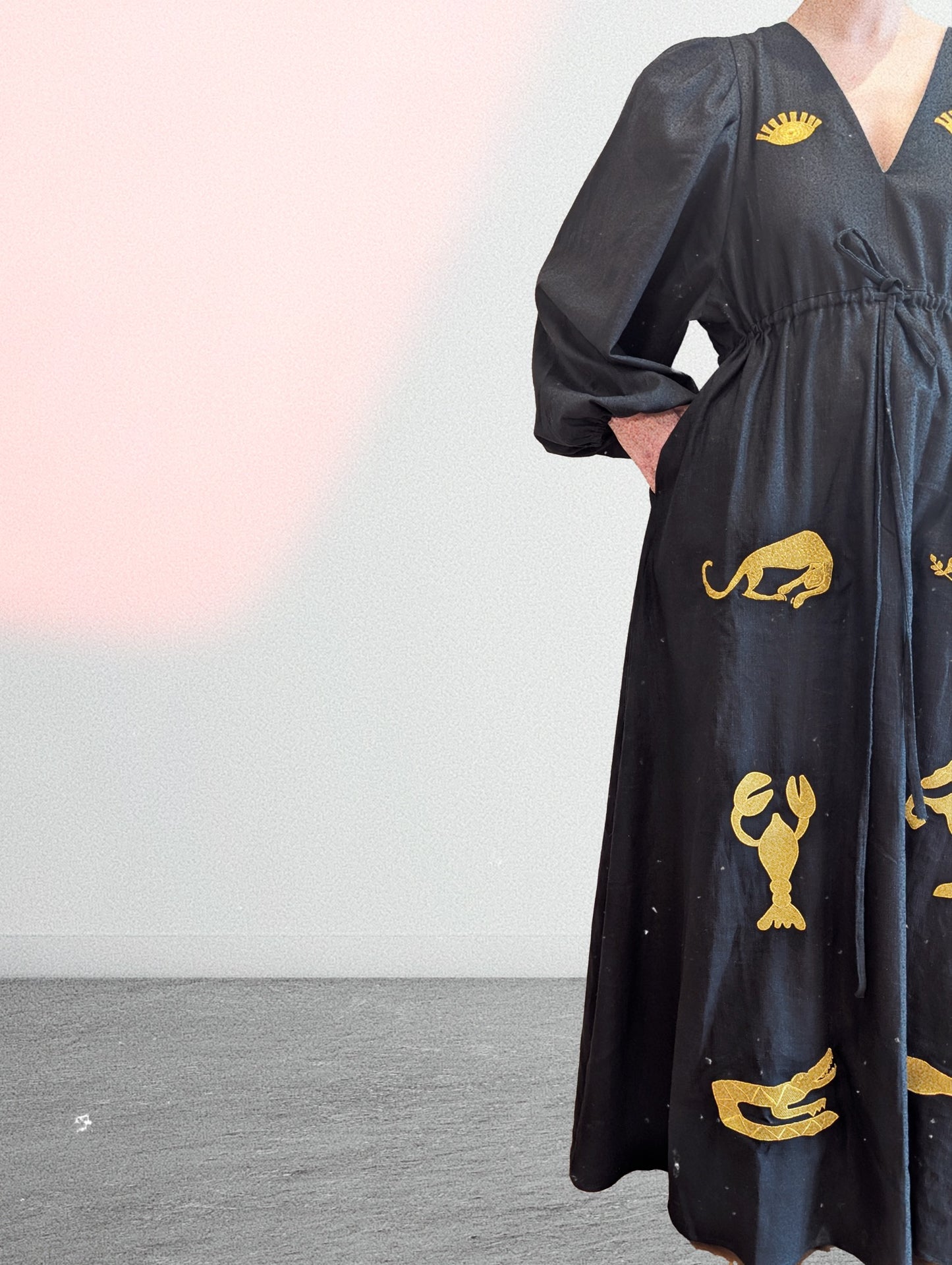 Black and gold embroidered v-neck dress