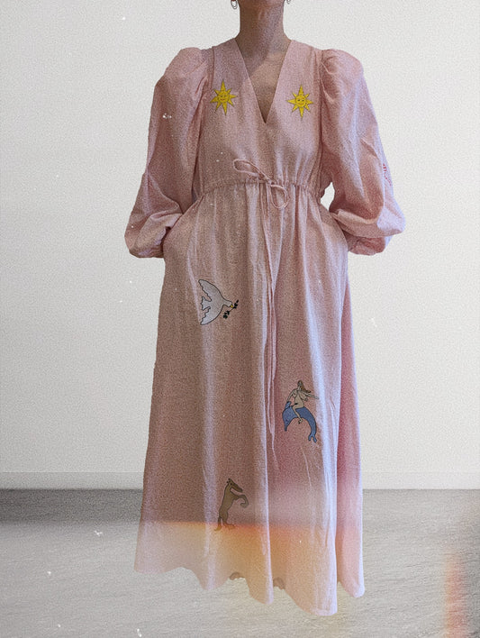 Blush pink embroidered v-neck dress