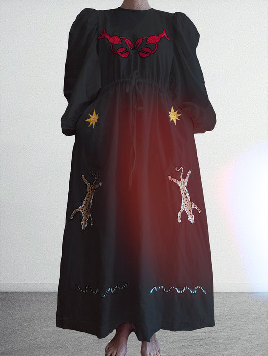 Black embroidered round neck dress
