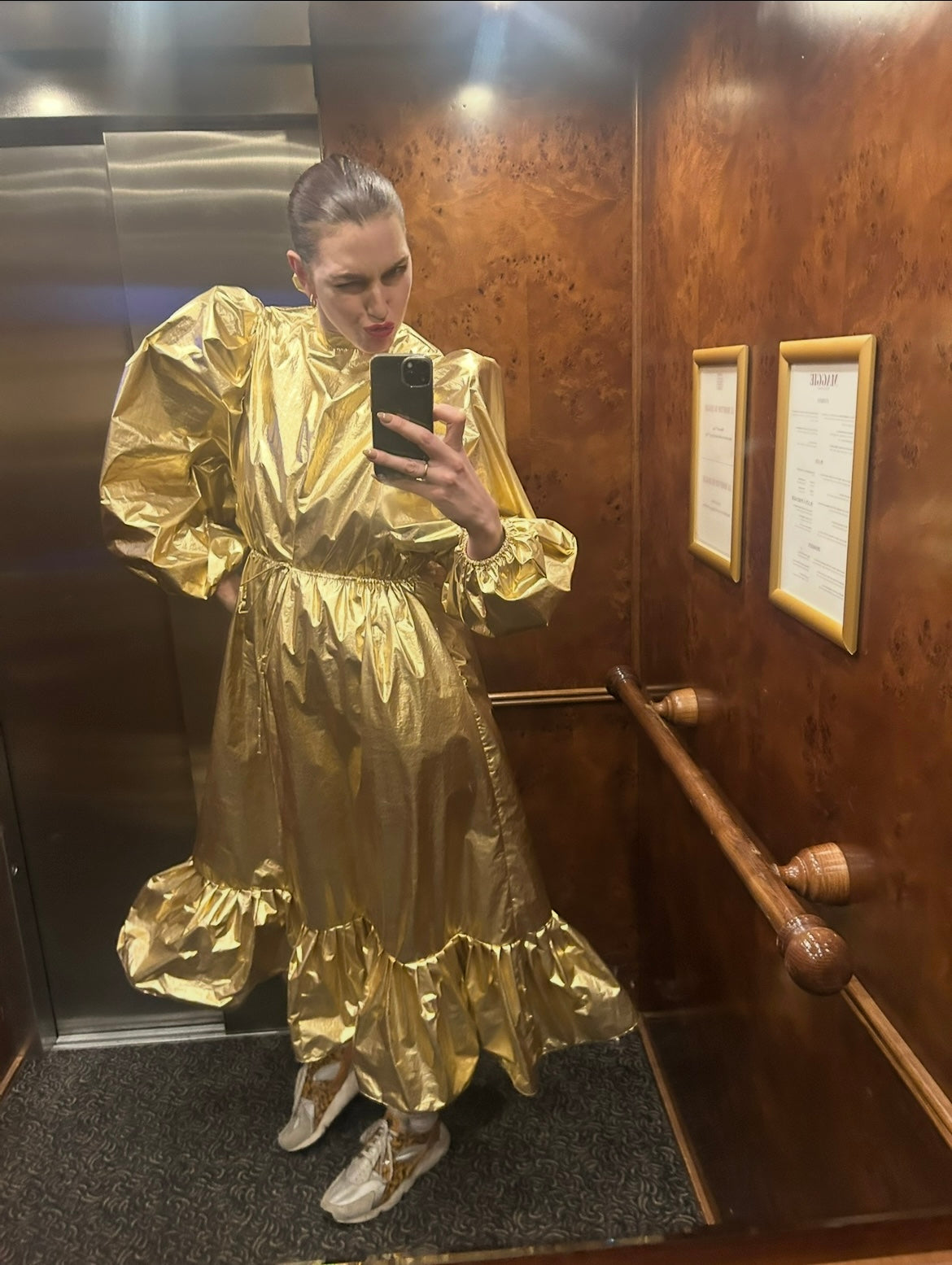 Gold Balloon Sleeve Party Dress