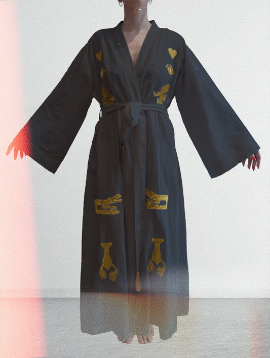 Black embroidered gold wrap gown
